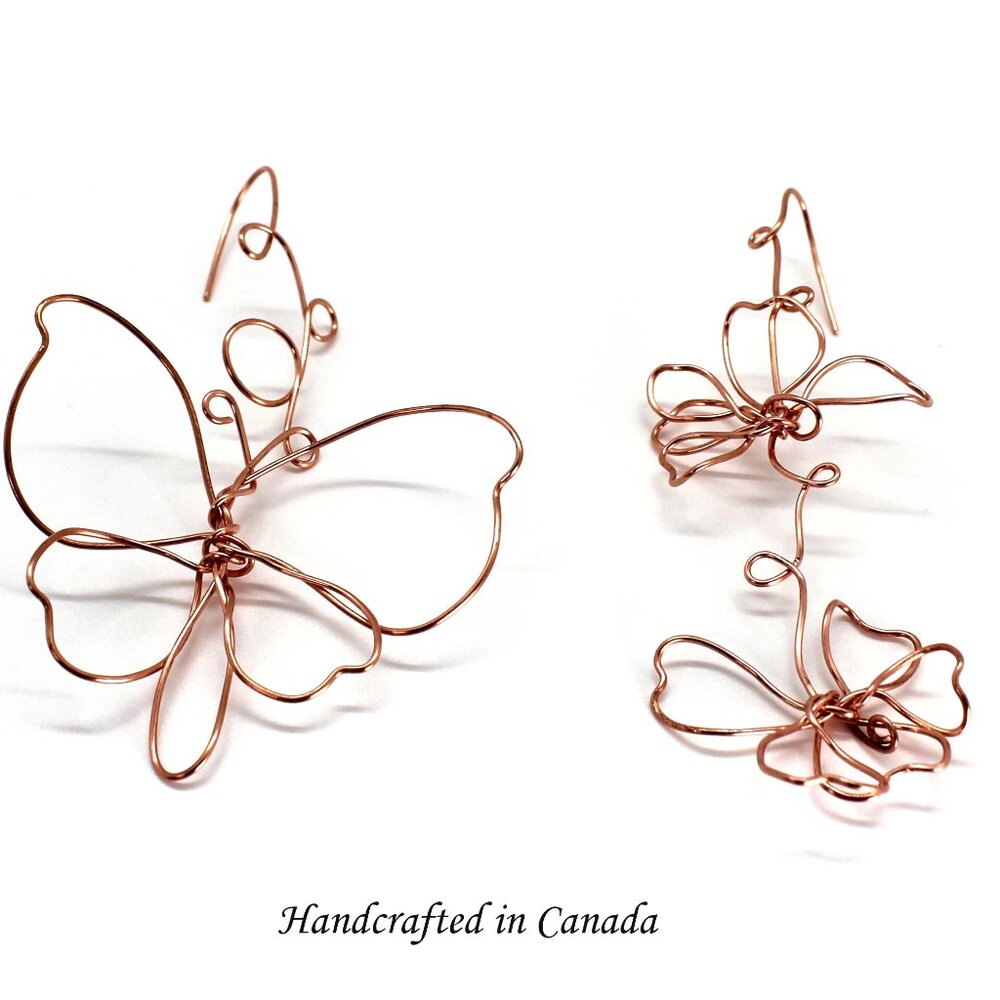 Extra long playful mismatched flowers and butterfly copper wire earrings